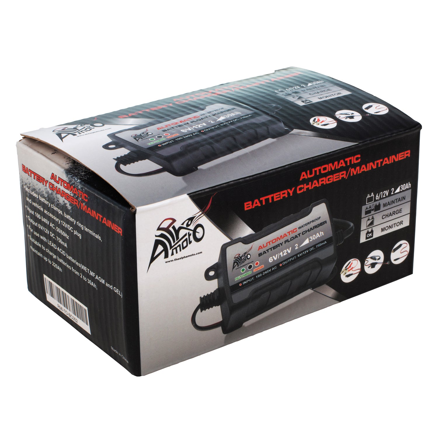ALPHA MOTO Motorcycle Battery Charger Maintainer | Black And
